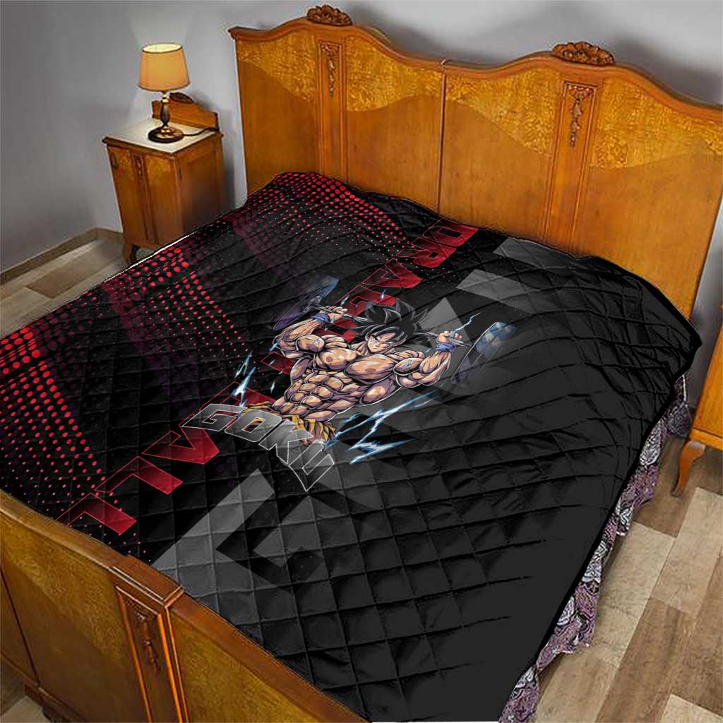 Goku Gym Theme Black and Red Design Quilt with Dumbbell Lightning Art and Muscle Training Pose - The Mazicc