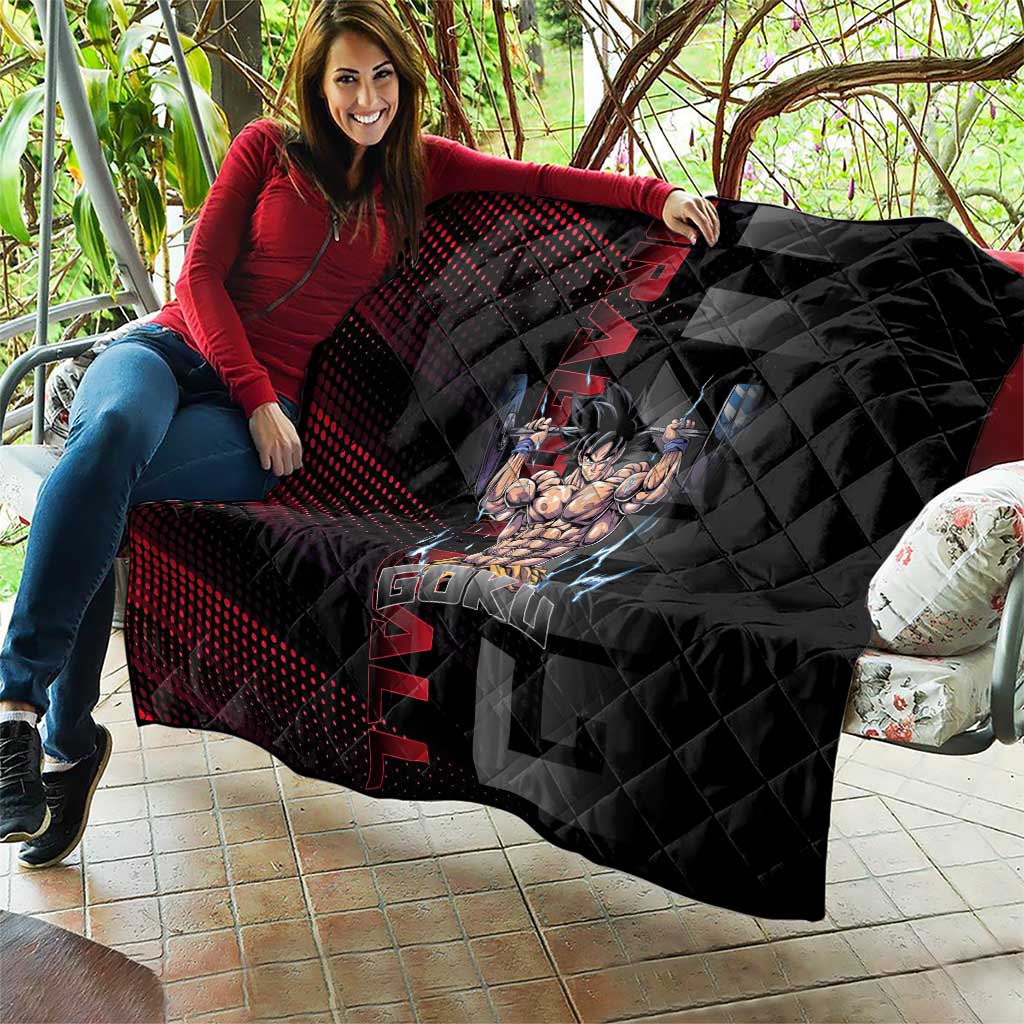 Goku Gym Theme Black and Red Design Quilt with Dumbbell Lightning Art and Muscle Training Pose - The Mazicc
