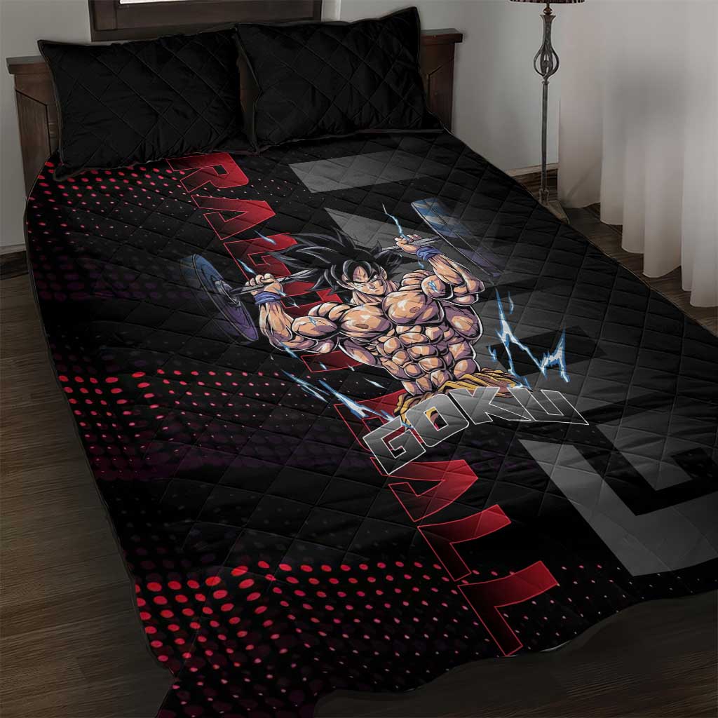 Goku Gym Theme Black and Red Design Quilt Bed Set with Dumbbell Lightning Art and Muscle Training Pose - The Mazicc