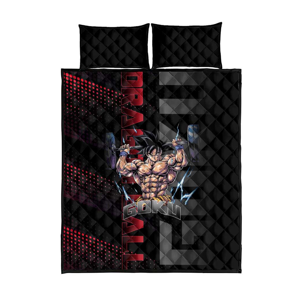 Goku Gym Theme Black and Red Design Quilt Bed Set with Dumbbell Lightning Art and Muscle Training Pose - The Mazicc