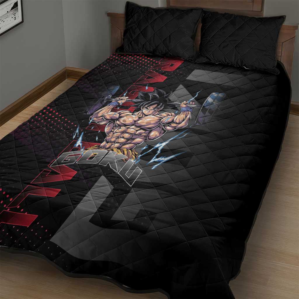 Goku Gym Theme Black and Red Design Quilt Bed Set with Dumbbell Lightning Art and Muscle Training Pose - The Mazicc
