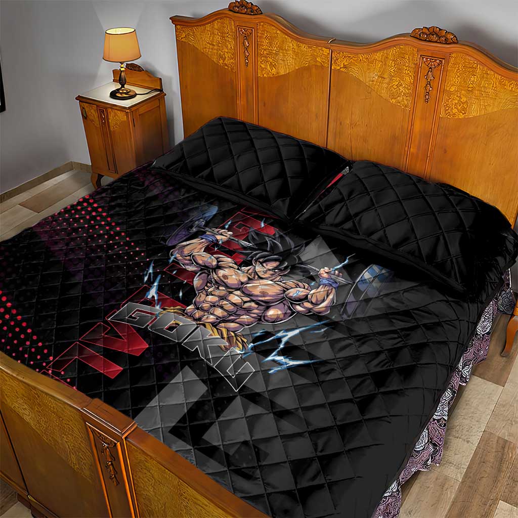 Goku Gym Theme Black and Red Design Quilt Bed Set with Dumbbell Lightning Art and Muscle Training Pose - The Mazicc