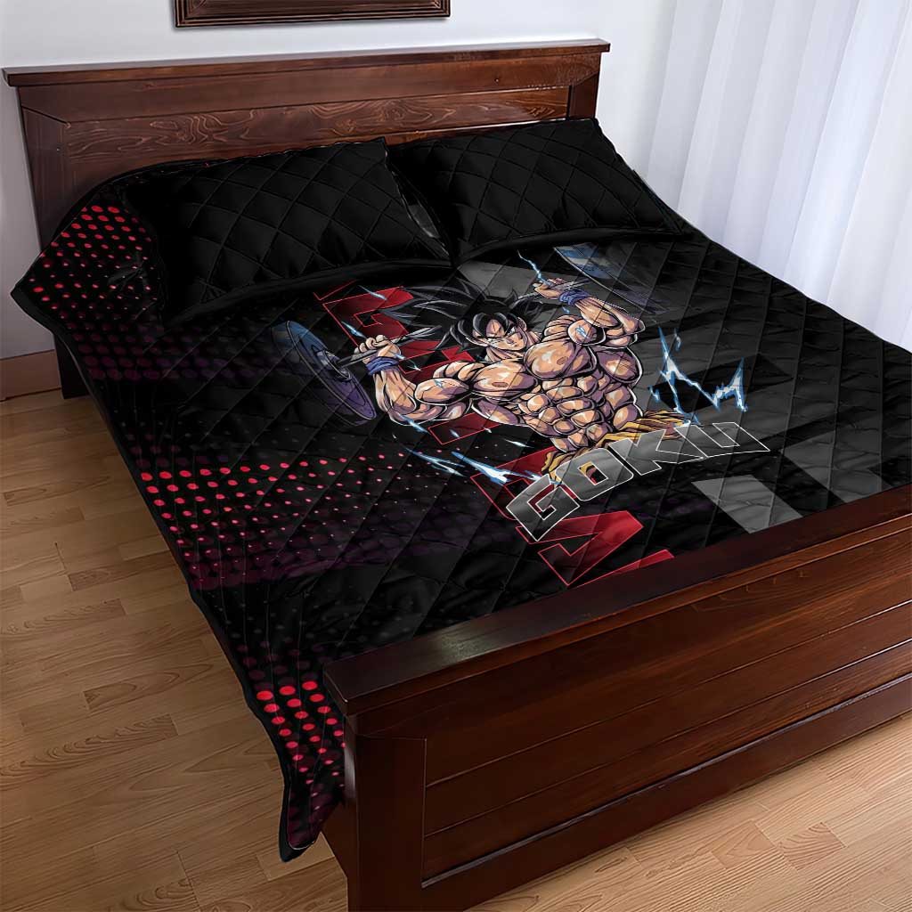 Goku Gym Theme Black and Red Design Quilt Bed Set with Dumbbell Lightning Art and Muscle Training Pose - The Mazicc