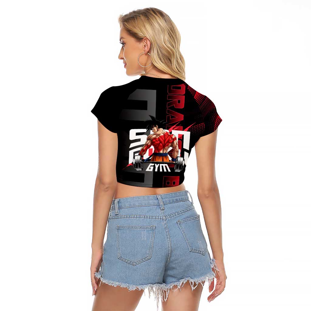 Goku Gym Theme Black and Red Design Raglan Cropped T Shirt with Dumbbell Lightning Art and Muscle Training Pose - The Mazicc