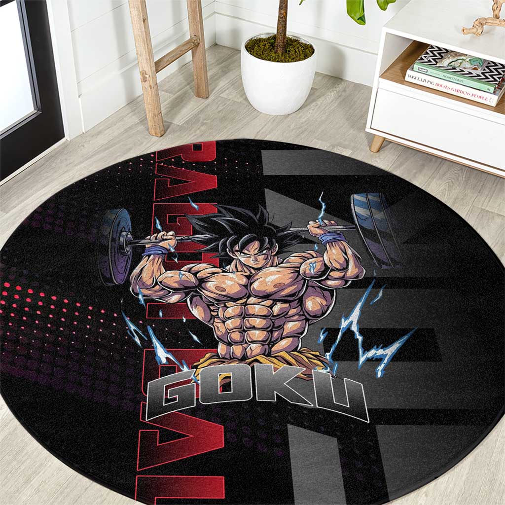 Goku Gym Theme Black and Red Design Round Carpet with Dumbbell Lightning Art and Muscle Training Pose - The Mazicc