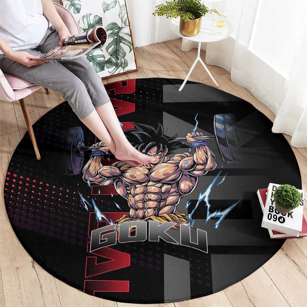 Goku Gym Theme Black and Red Design Round Carpet with Dumbbell Lightning Art and Muscle Training Pose - The Mazicc