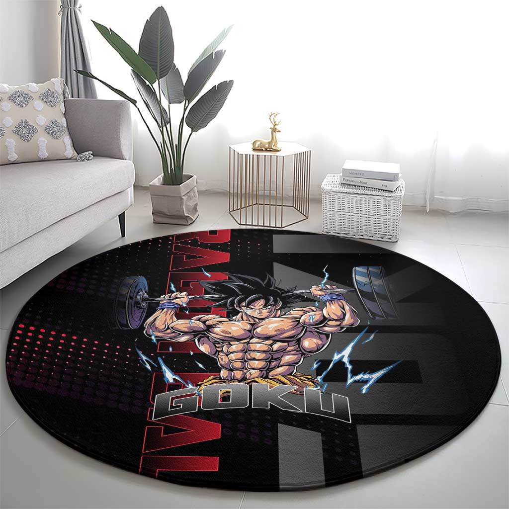 Goku Gym Theme Black and Red Design Round Carpet with Dumbbell Lightning Art and Muscle Training Pose - The Mazicc