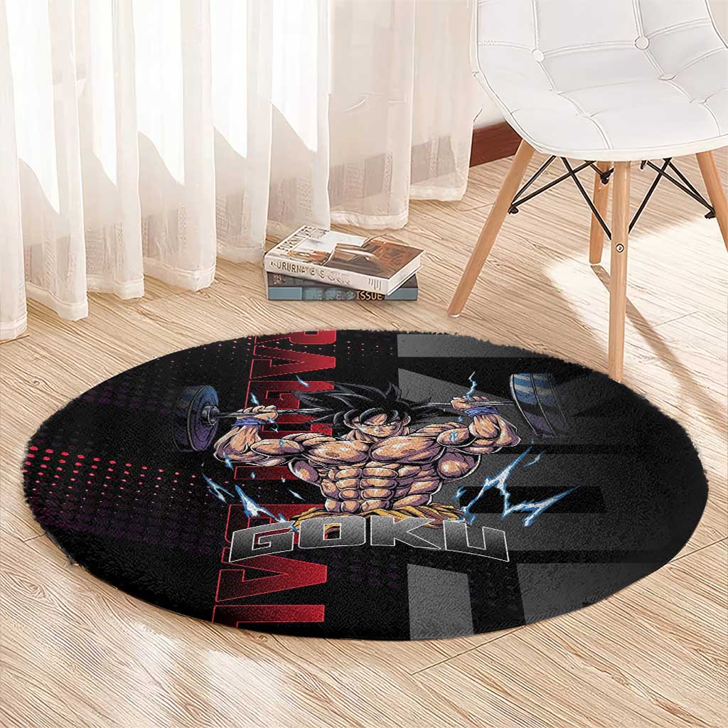 Goku Gym Theme Black and Red Design Round Carpet with Dumbbell Lightning Art and Muscle Training Pose - The Mazicc