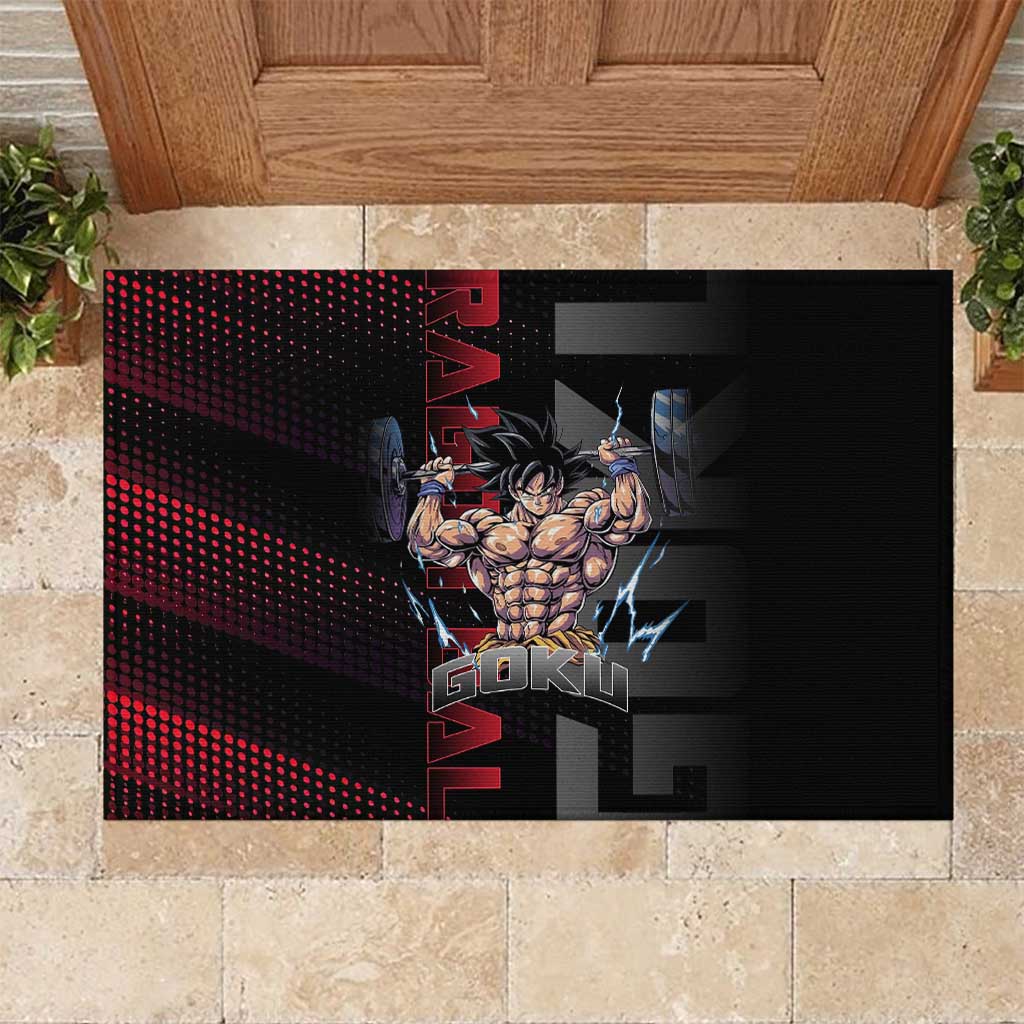 Goku Gym Theme Black and Red Design Rubber Doormat with Dumbbell Lightning Art and Muscle Training Pose - The Mazicc