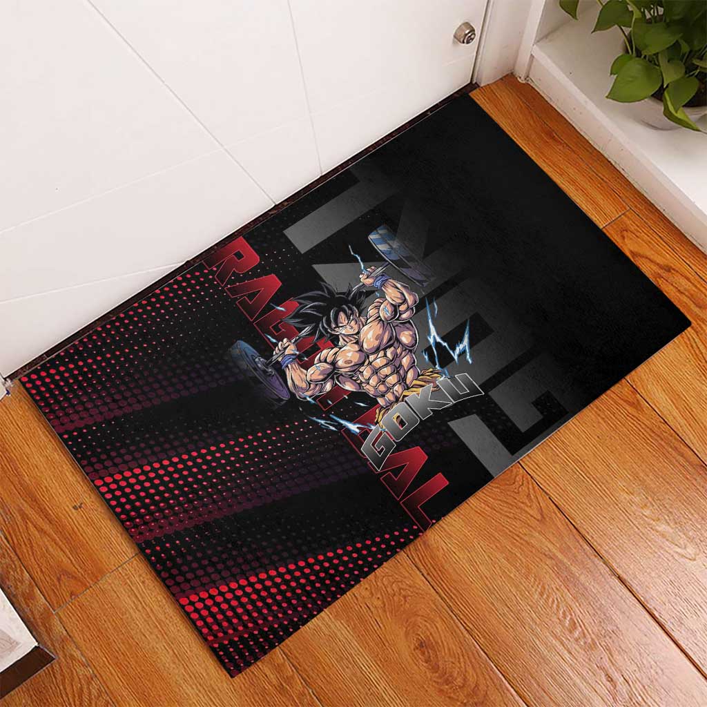 Goku Gym Theme Black and Red Design Rubber Doormat with Dumbbell Lightning Art and Muscle Training Pose - The Mazicc