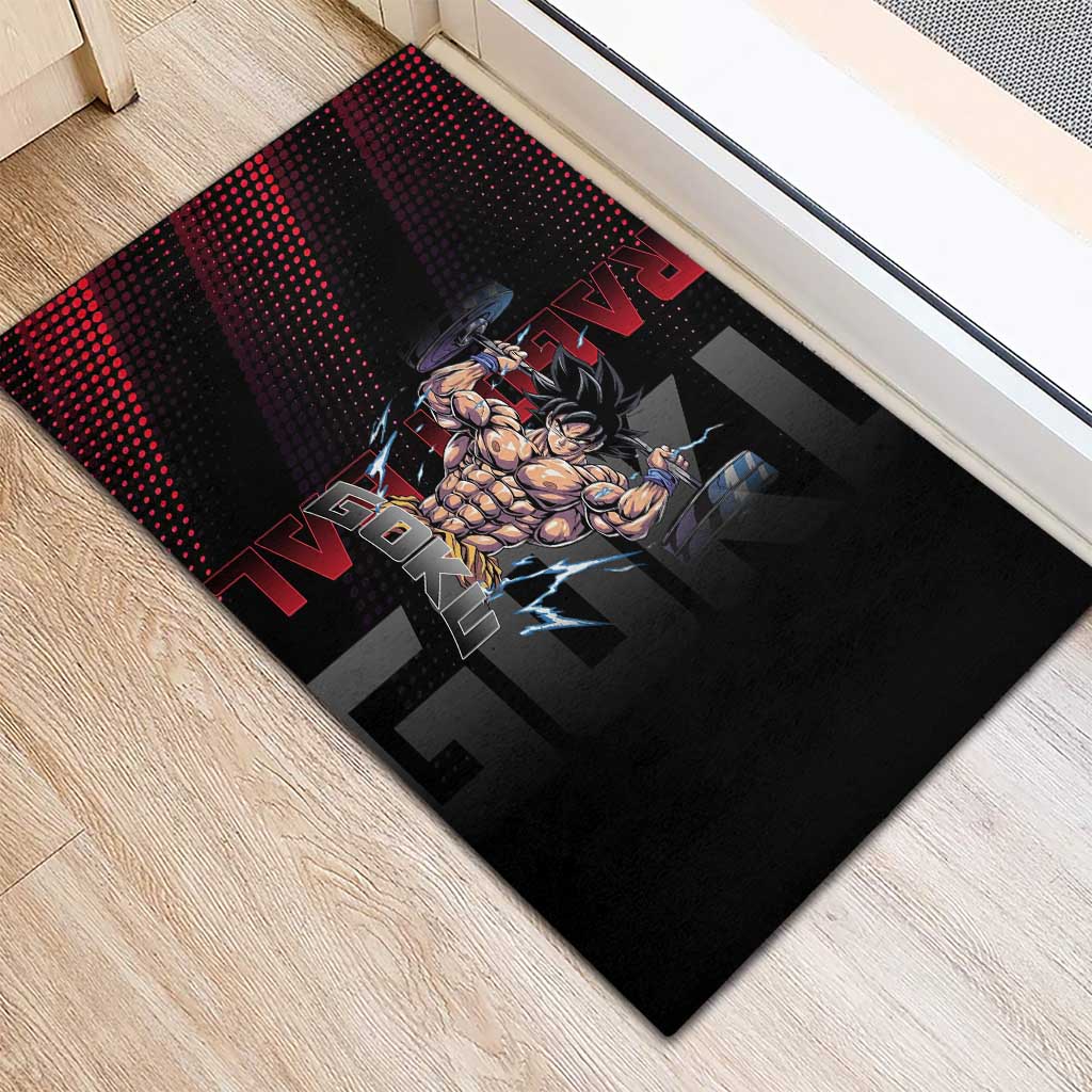 Goku Gym Theme Black and Red Design Rubber Doormat with Dumbbell Lightning Art and Muscle Training Pose - The Mazicc