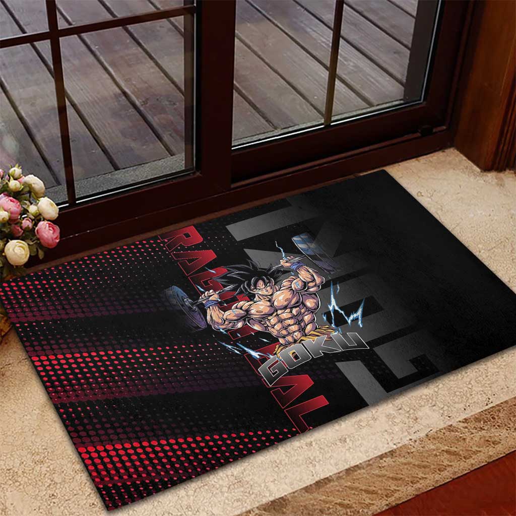 Goku Gym Theme Black and Red Design Rubber Doormat with Dumbbell Lightning Art and Muscle Training Pose - The Mazicc