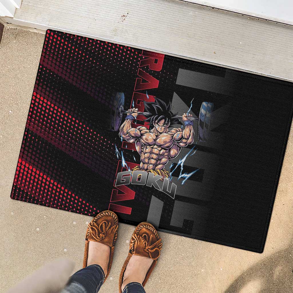 Goku Gym Theme Black and Red Design Rubber Doormat with Dumbbell Lightning Art and Muscle Training Pose - The Mazicc