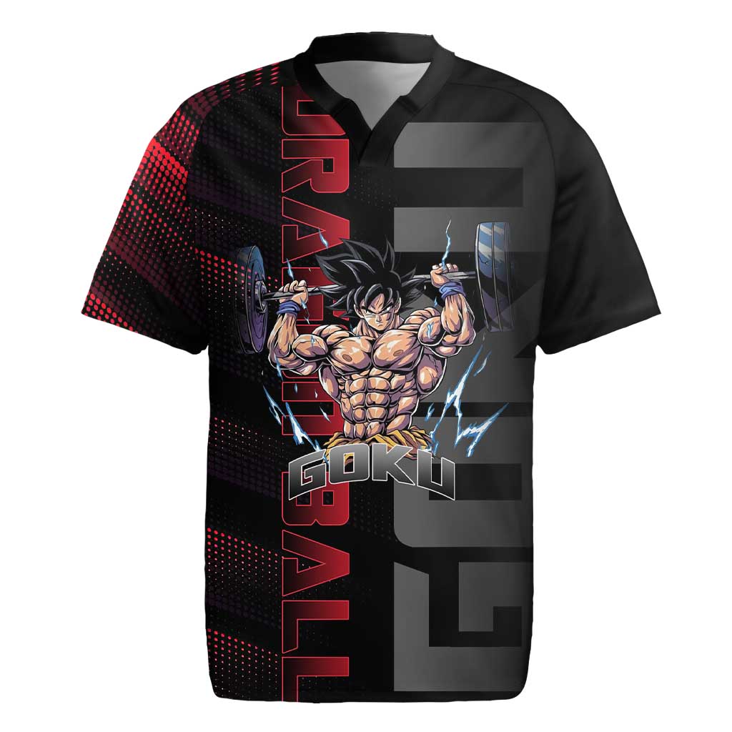 Goku Gym Theme Black and Red Design Rugby Jersey with Dumbbell Lightning Art and Muscle Training Pose - The Mazicc