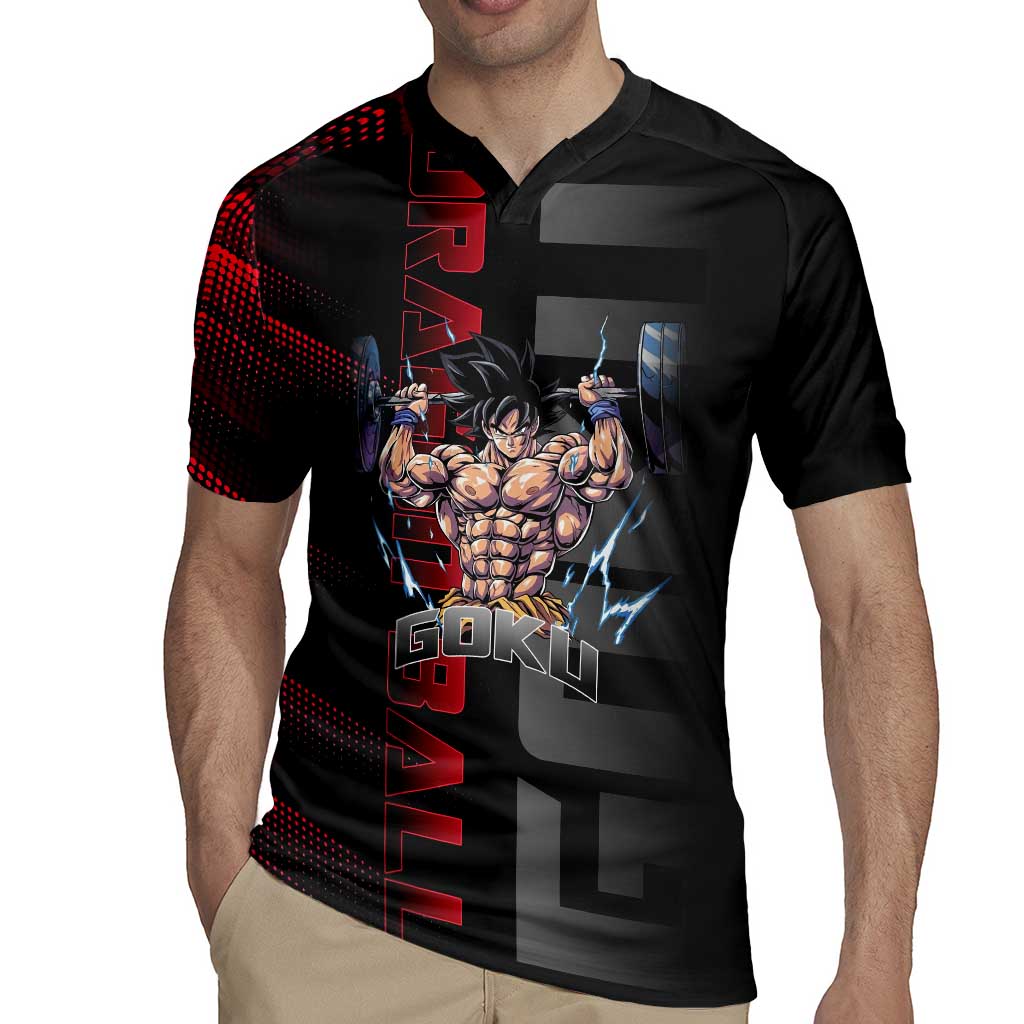 Goku Gym Theme Black and Red Design Rugby Jersey with Dumbbell Lightning Art and Muscle Training Pose - The Mazicc