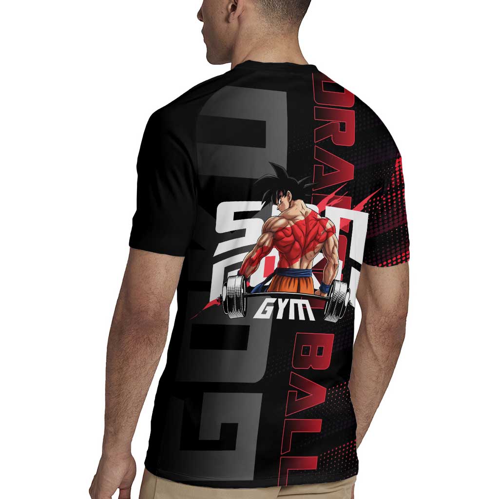 Goku Gym Theme Black and Red Design Rugby Jersey with Dumbbell Lightning Art and Muscle Training Pose - The Mazicc