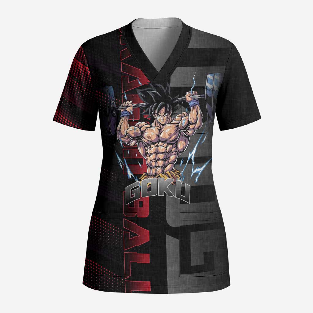 Goku Gym Theme Black and Red Design Scrub Top with Dumbbell Lightning Art and Muscle Training Pose - The Mazicc