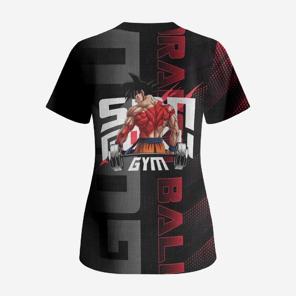 Goku Gym Theme Black and Red Design Scrub Top with Dumbbell Lightning Art and Muscle Training Pose - The Mazicc