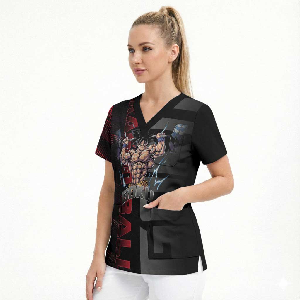 Goku Gym Theme Black and Red Design Scrub Top with Dumbbell Lightning Art and Muscle Training Pose - The Mazicc