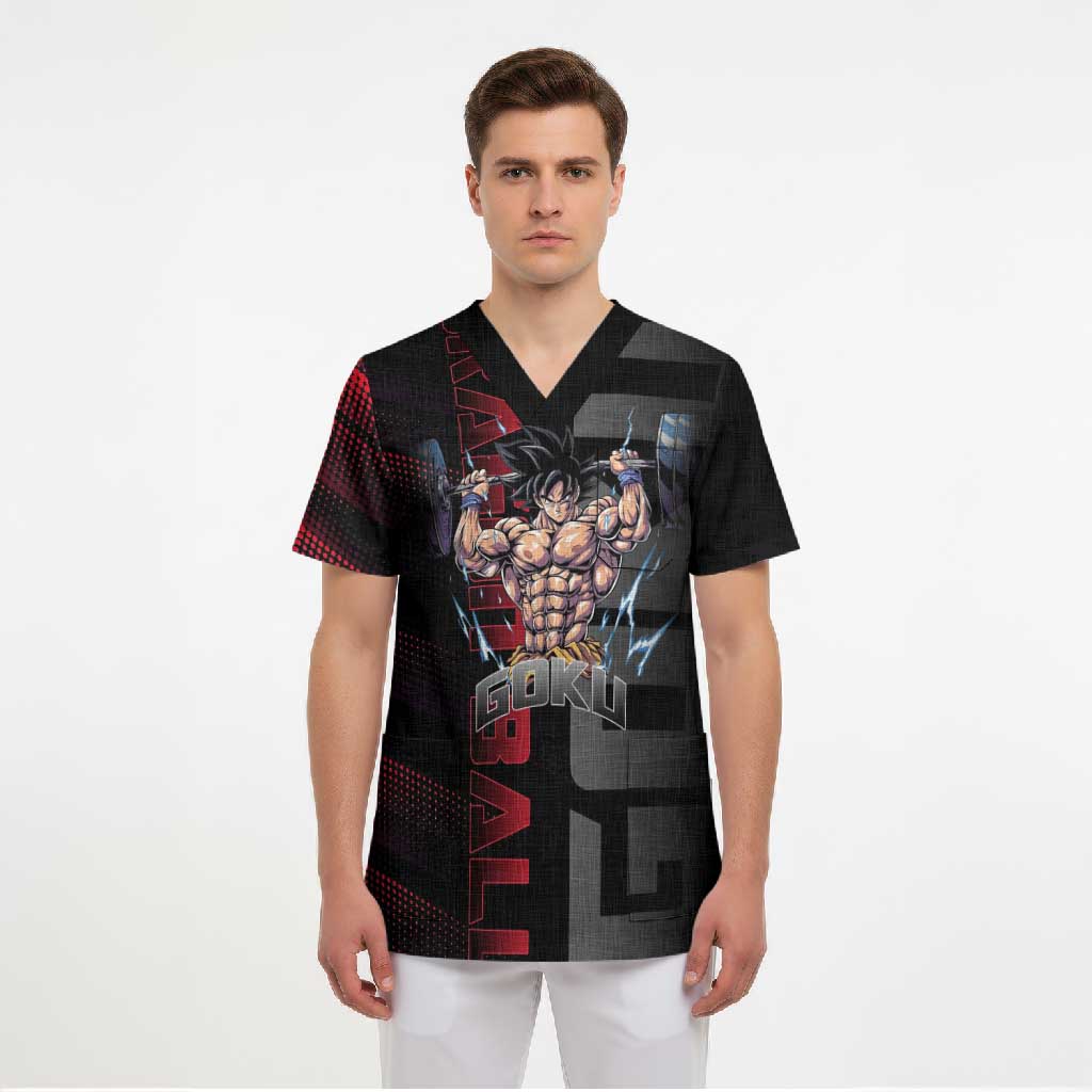 Goku Gym Theme Black and Red Design Scrub Top with Dumbbell Lightning Art and Muscle Training Pose - The Mazicc
