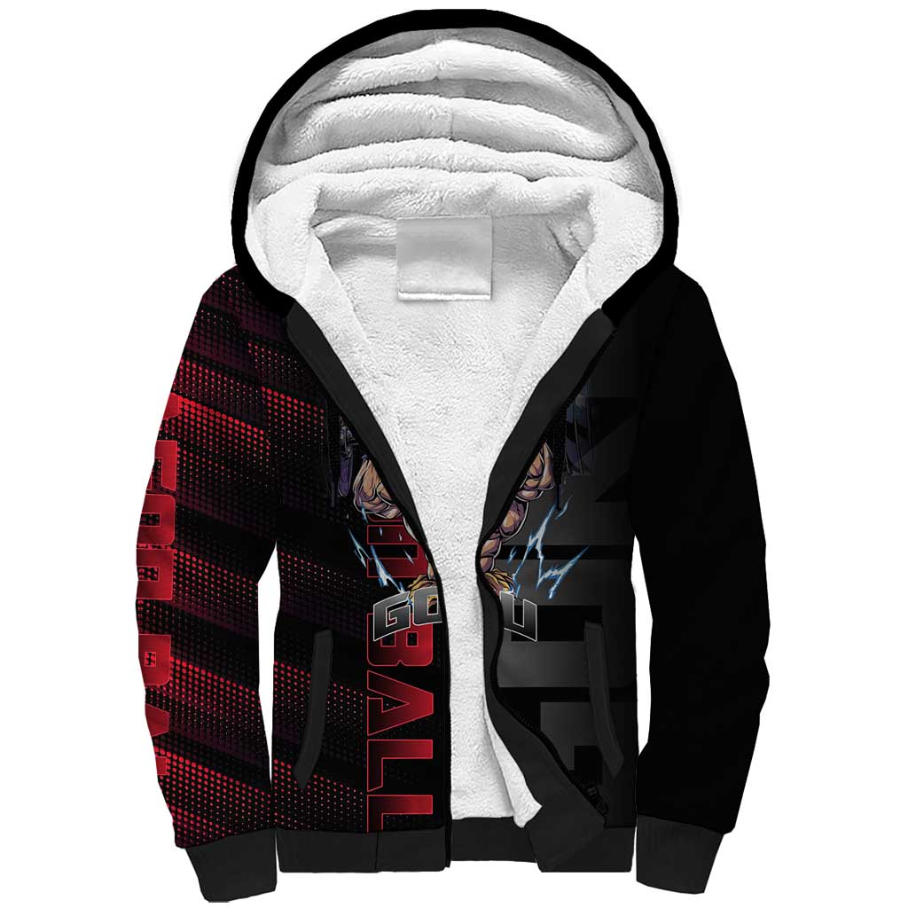 Goku Gym Theme Black and Red Design Sherpa Hoodie with Dumbbell Lightning Art and Muscle Training Pose - The Mazicc
