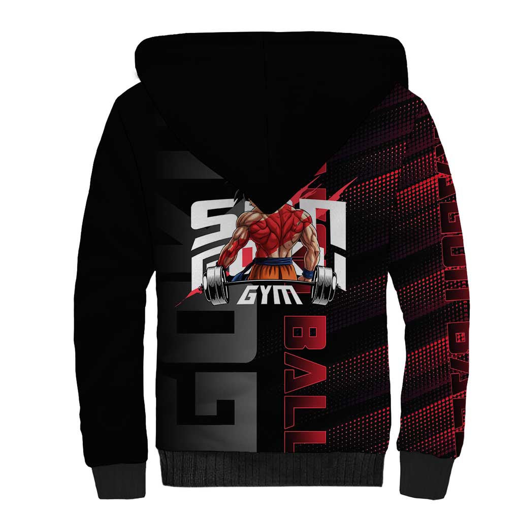 Goku Gym Theme Black and Red Design Sherpa Hoodie with Dumbbell Lightning Art and Muscle Training Pose - The Mazicc