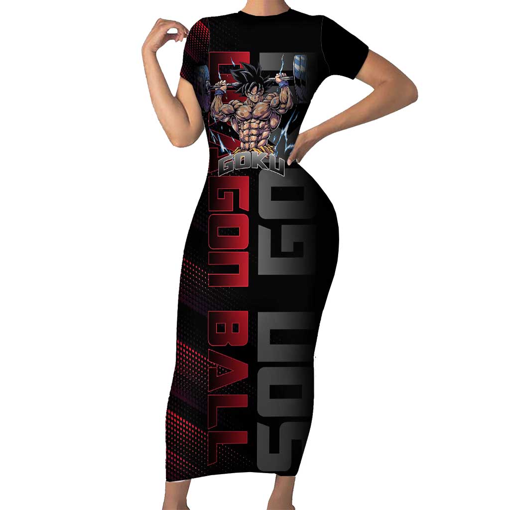 Goku Gym Theme Black and Red Design Short Sleeve Bodycon Dress with Dumbbell Lightning Art and Muscle Training Pose - The Mazicc