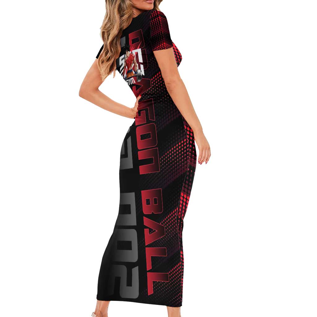 Goku Gym Theme Black and Red Design Short Sleeve Bodycon Dress with Dumbbell Lightning Art and Muscle Training Pose - The Mazicc
