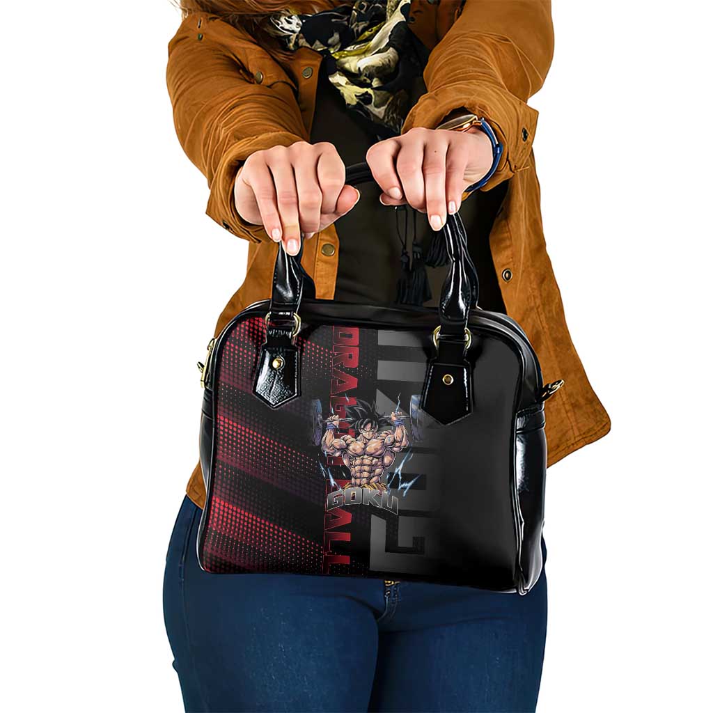 Goku Gym Theme Black and Red Design Shoulder Handbag with Dumbbell Lightning Art and Muscle Training Pose - The Mazicc