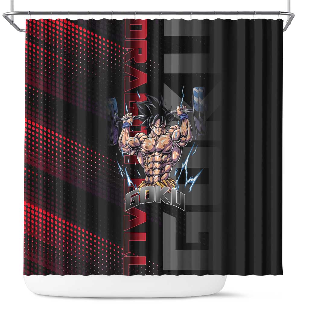 Goku Gym Theme Black and Red Design Shower Curtain with Dumbbell Lightning Art and Muscle Training Pose - The Mazicc