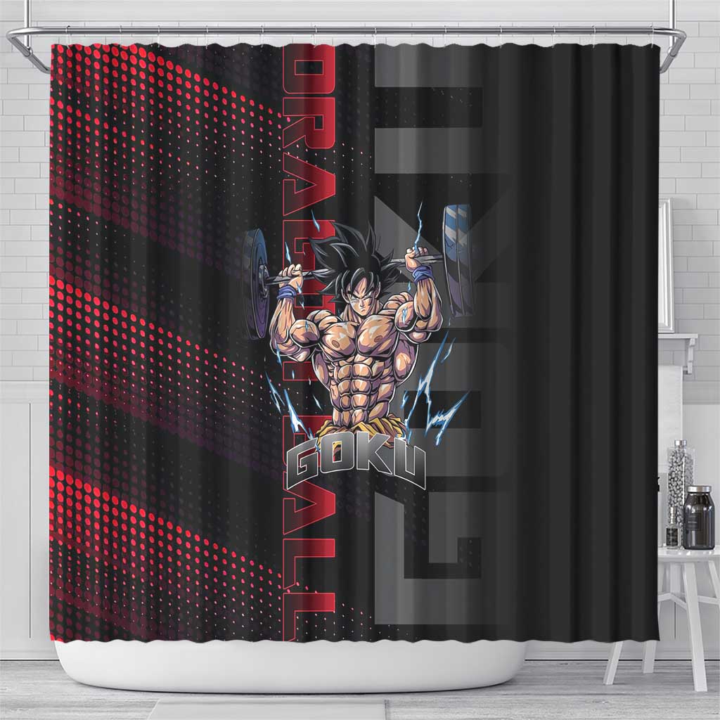 Goku Gym Theme Black and Red Design Shower Curtain with Dumbbell Lightning Art and Muscle Training Pose - The Mazicc
