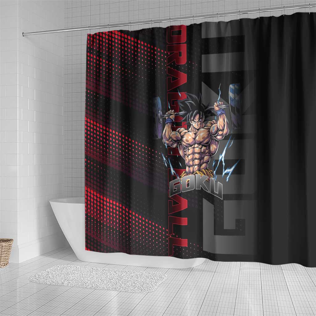 Goku Gym Theme Black and Red Design Shower Curtain with Dumbbell Lightning Art and Muscle Training Pose - The Mazicc