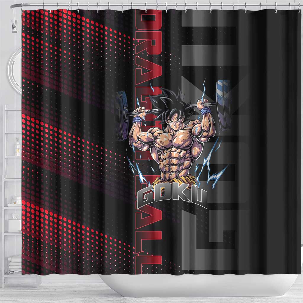 Goku Gym Theme Black and Red Design Shower Curtain with Dumbbell Lightning Art and Muscle Training Pose - The Mazicc