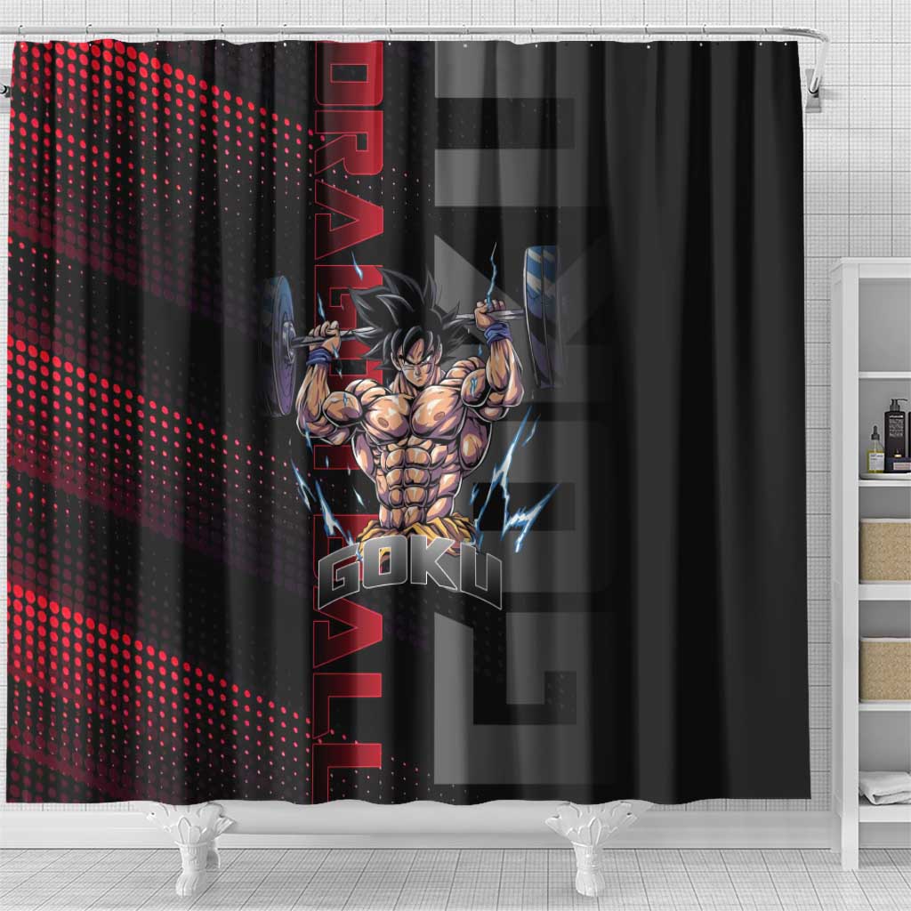 Goku Gym Theme Black and Red Design Shower Curtain with Dumbbell Lightning Art and Muscle Training Pose - The Mazicc