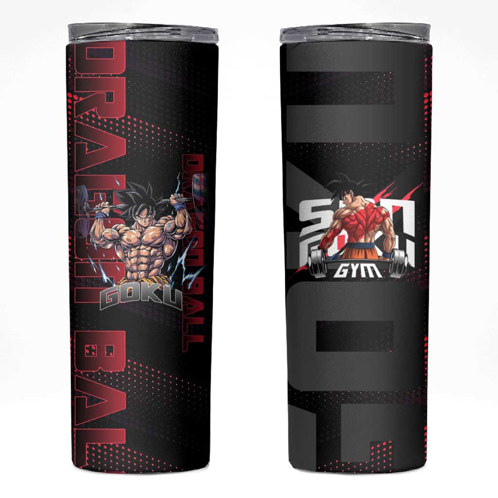 Goku Gym Theme Black and Red Design Skinny Tumbler with Dumbbell Lightning Art and Muscle Training Pose - The Mazicc