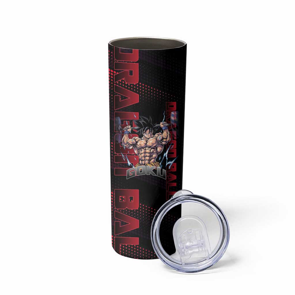 Goku Gym Theme Black and Red Design Skinny Tumbler with Dumbbell Lightning Art and Muscle Training Pose - The Mazicc