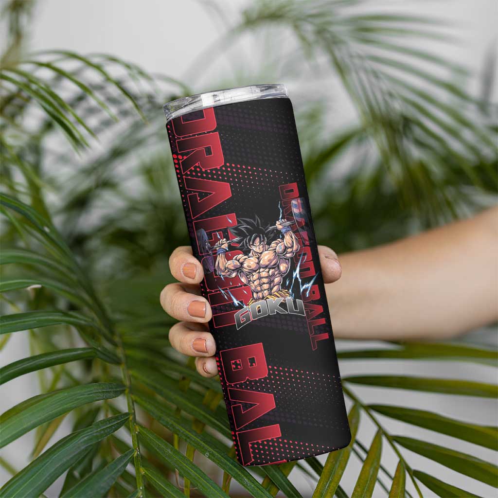 Goku Gym Theme Black and Red Design Skinny Tumbler with Dumbbell Lightning Art and Muscle Training Pose - The Mazicc