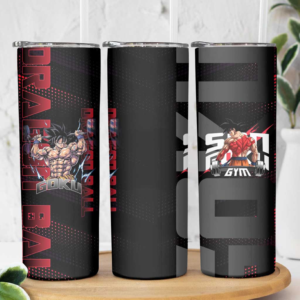 Goku Gym Theme Black and Red Design Skinny Tumbler with Dumbbell Lightning Art and Muscle Training Pose - The Mazicc