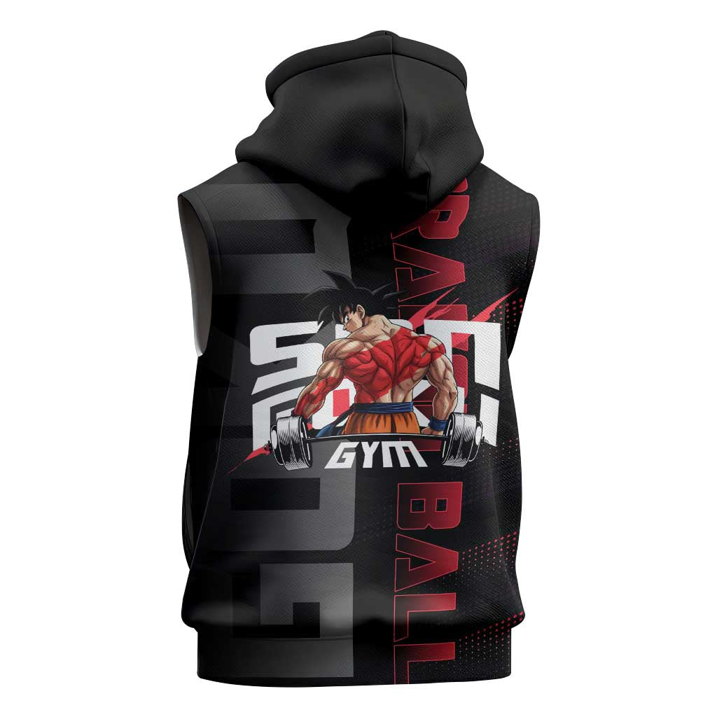 Goku Gym Theme Black and Red Design Sleeveless Hoodie with Dumbbell Lightning Art and Muscle Training Pose - The Mazicc