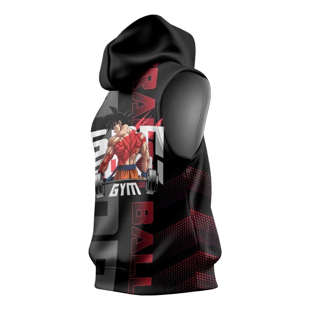 Goku Gym Theme Black and Red Design Sleeveless Hoodie with Dumbbell Lightning Art and Muscle Training Pose - The Mazicc