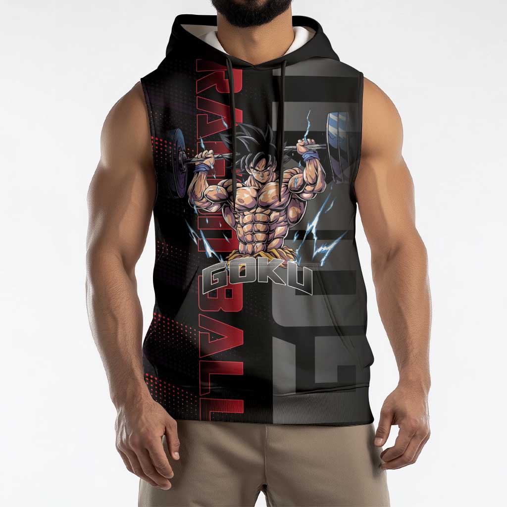 Goku Gym Theme Black and Red Design Sleeveless Hoodie with Dumbbell Lightning Art and Muscle Training Pose - The Mazicc