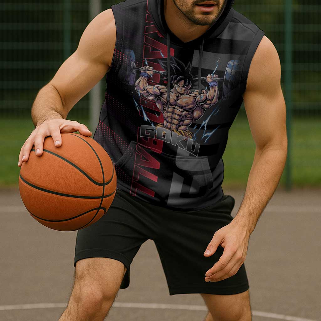 Goku Gym Theme Black and Red Design Sleeveless Hoodie with Dumbbell Lightning Art and Muscle Training Pose - The Mazicc