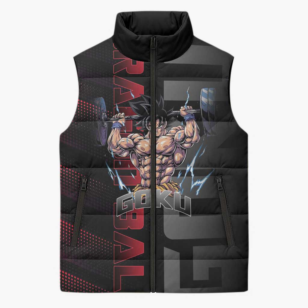 Goku Gym Theme Black and Red Design Sleeveless Puffer Jacket with Dumbbell Lightning Art and Muscle Training Pose - The Mazicc