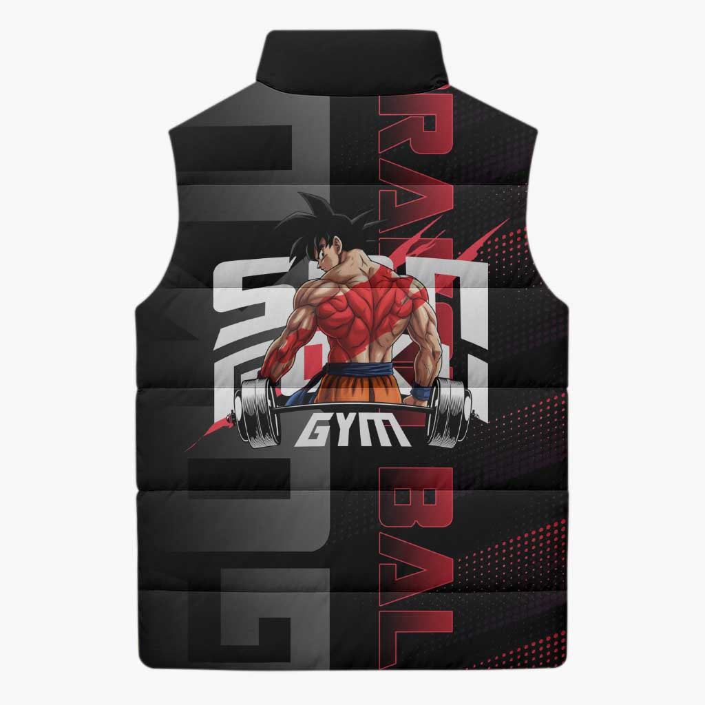 Goku Gym Theme Black and Red Design Sleeveless Puffer Jacket with Dumbbell Lightning Art and Muscle Training Pose - The Mazicc