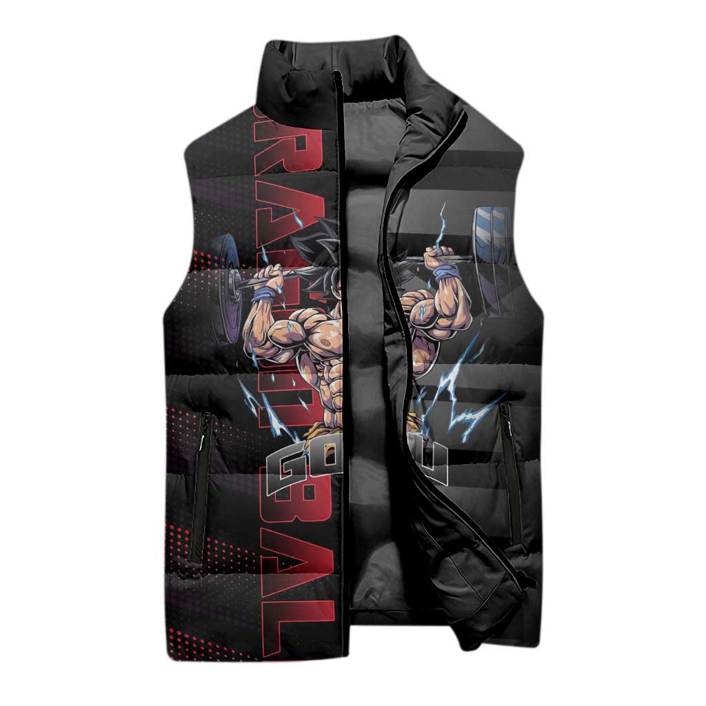 Goku Gym Theme Black and Red Design Sleeveless Puffer Jacket with Dumbbell Lightning Art and Muscle Training Pose - The Mazicc