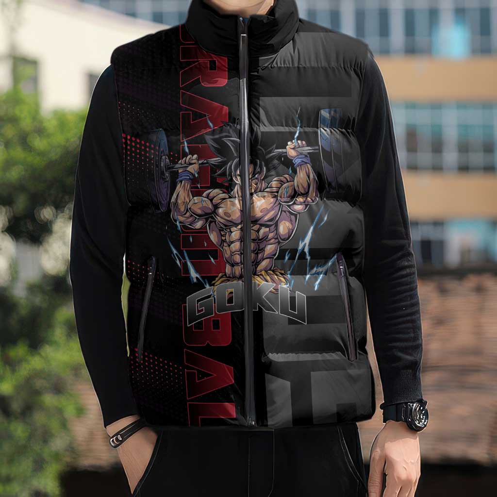 Goku Gym Theme Black and Red Design Sleeveless Puffer Jacket with Dumbbell Lightning Art and Muscle Training Pose - The Mazicc
