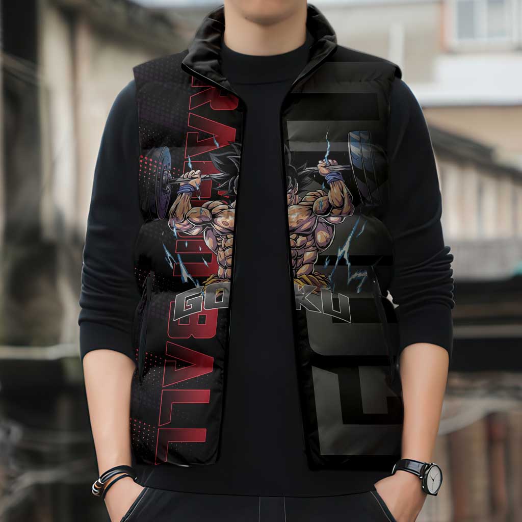 Goku Gym Theme Black and Red Design Sleeveless Puffer Jacket with Dumbbell Lightning Art and Muscle Training Pose - The Mazicc