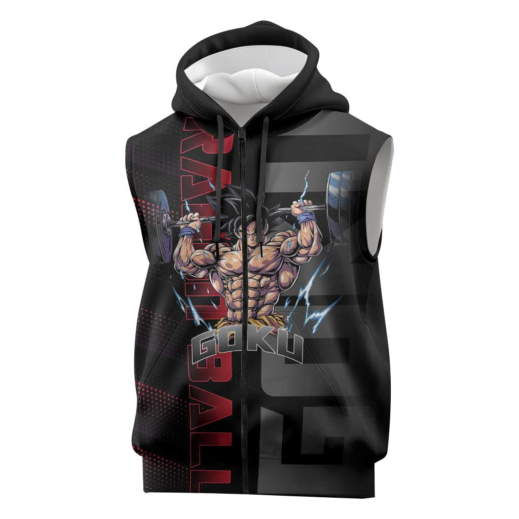 Goku Gym Theme Black and Red Design Sleeveless Zip Hoodie with Dumbbell Lightning Art and Muscle Training Pose - The Mazicc