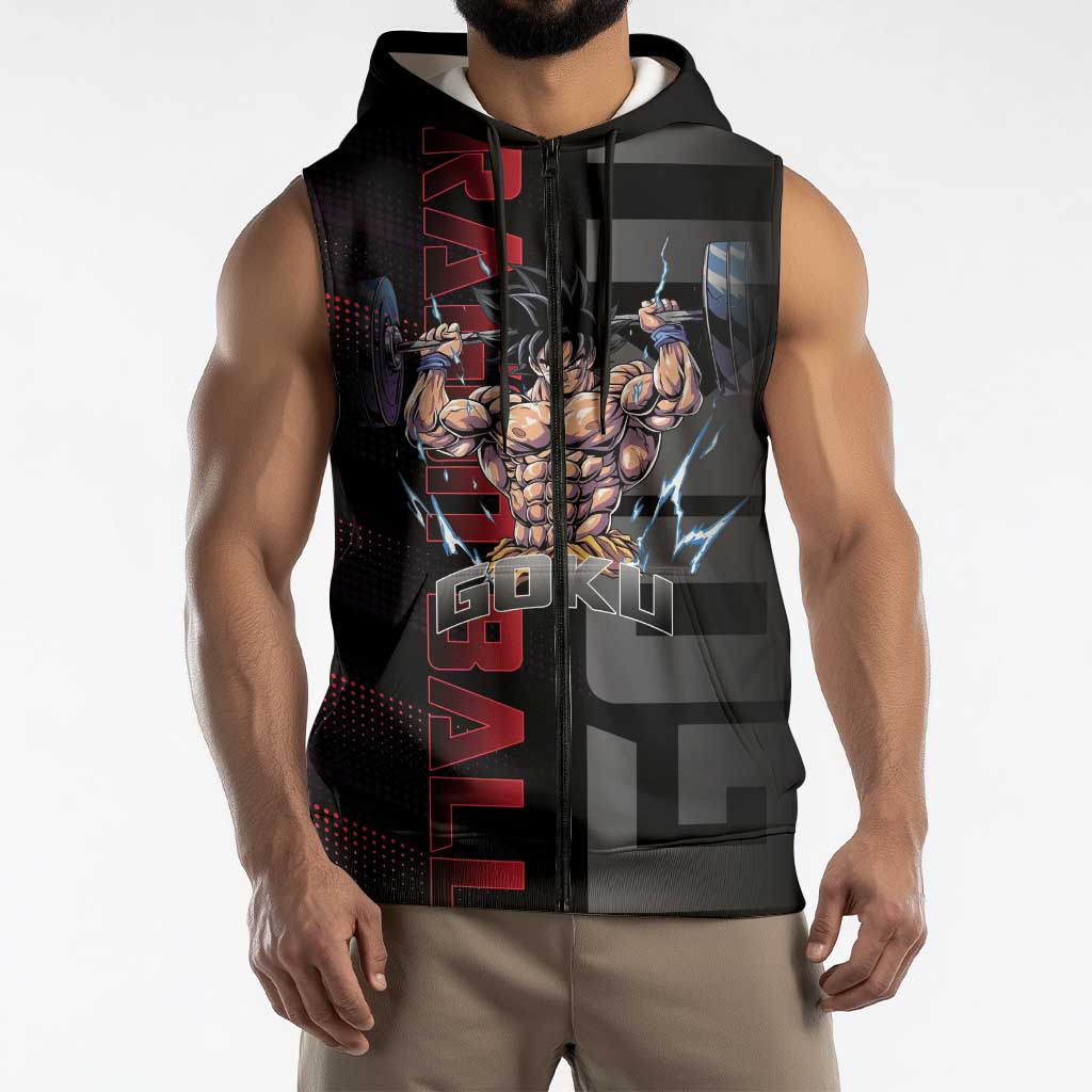 Goku Gym Theme Black and Red Design Sleeveless Zip Hoodie with Dumbbell Lightning Art and Muscle Training Pose - The Mazicc