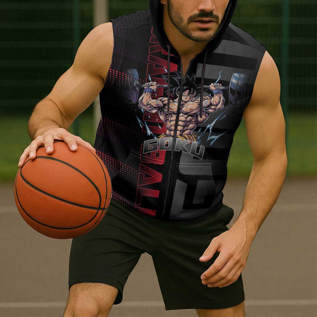 Goku Gym Theme Black and Red Design Sleeveless Zip Hoodie with Dumbbell Lightning Art and Muscle Training Pose - The Mazicc